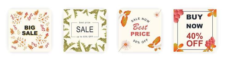 Modern autumn square sale poster templates with floral and geometric pattern. Suitable for social media posts, poster, mobile apps, banners design and web ads, vector backgrounds, promotion materials.