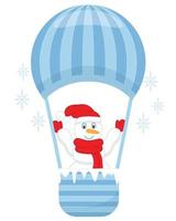 Snowman flies in a hot air balloon vector flat illustration