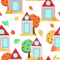 Houses with autumn trees leaves and pumpkins vector