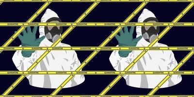 patrón sin costuras de hombre en traje de protección blanca de materiales peligrosos y máscaras de protección para prevenir una epidemia con el concepto de parada levantada a mano. Hazmat blanco. vector