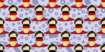 Seamless pattern of image man wearing Germany flags surgical mask to prevent diseases isolated on light blue background. Good for template background, banner, poster, etc. Vector eps10.