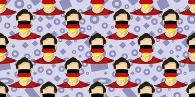 Seamless pattern of image man wearing Germany flags surgical mask to prevent diseases isolated on light blue background. Good for template background, banner, poster, etc. Vector eps10.