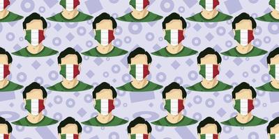 Seamless pattern of image man wearing italy flags surgical mask to prevent diseases isolated on memphis element background. Good for template background, banner, poster, etc. Vector eps10.