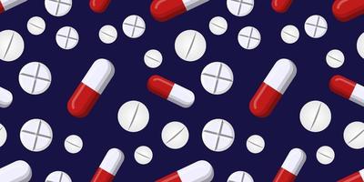 Seamless vector pattern of Red and white Capsule pill and a white pills isolated on dark blue background. Medicine creative concepts. illustration for pharmaceutical industry.