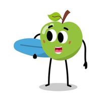 personaje de manzana verde con ilustración de tabla de surf vector