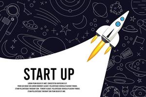 Rocket launch in the sky, space. Space ship. outer space, interstellar travels, universe. Business concept. Start up template. Outline, line, doodle style. Flat. vector illustration.