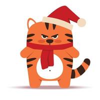 Cute little orange tiger cat in a flat style. The symbol of the Chinese New Year 2022. Animal with a Christmas cap and scarf. An angry sullen tiger standing. For nursery decor. Vector illustration.