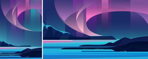 Beautiful landscape with aurora borealis in different formats. vector