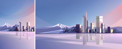 Winter city with lake and mountains in different formats. vector