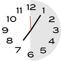 5 minutes past 7 o'clock analog clock icon vector