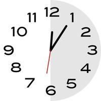 5 minutes past 12 o'clock analog clock icon vector