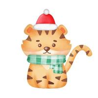 tarjeta de felicitación navideña con tigre lindo en estilo acuarela. vector
