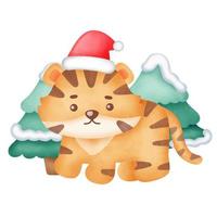 Christmas greeting card with cute tiger in watercolor style. vector