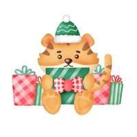tarjeta de felicitación navideña con tigre lindo y cajas de regalo en estilo acuarela. vector