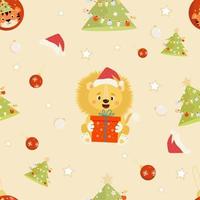 Seamless pattern with new year lion and christmas tree vector