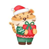 tarjeta de felicitación navideña con lindos tigres y cajas de regalo en estilo acuarela.