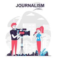 Journalism isolated cartoon concept. Journalist makes report, records story with cameraman, people scene in flat design. Vector illustration for blogging, website, mobile app, promotional materials.