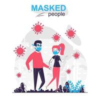 Masked people isolated cartoon concept. Man and woman wearing masks are walking in park, people scene in flat design. Vector illustration for blogging, website, mobile app, mobile site.