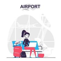 Airport isolated cartoon concept. Woman with luggage works at laptop in waiting room, people scene in flat design. Vector illustration for blogging, website, mobile app, promotional materials.