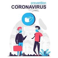 Prevention coronavirus isolated cartoon concept. Men in medical masks talks in public place, people scene in flat design. Vector illustration for blogging, website, mobile app, mobile site.