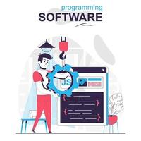 Programming software isolated cartoon concept. Programmer configures program, writes code, people scene in flat design. Vector illustration for blogging, website, mobile app, promotional materials.