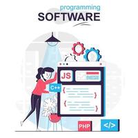 Programming software isolated cartoon concept. Programmer works on code, programs and tests, people scene in flat design. Vector illustration for blogging, website, mobile app, promotional materials.