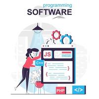 software de programación aislado concepto de dibujos animados. El programador trabaja en código, programas y pruebas, escena de personas en diseño plano. ilustración vectorial para blogs, sitios web, aplicaciones móviles, materiales promocionales. vector