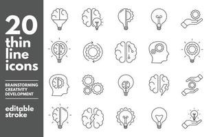 conjunto de iconos de línea fina de lluvia de ideas. luz artificial, cerebro, bombilla, creativo, desarrollo, conocimiento, lluvia de ideas, solución de lluvia de ideas, trazo editable. ilustración vectorial vector