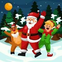 Santa Claus and Helpers Celebrating Christmas Night vector