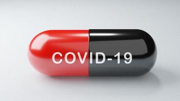 Closeup COVID-19 antiretroviral drugs capsule on white background. Medicine and Vaccine concept. Medical science healthcare. Antibiotic immunity researching. Red Black color. 3D illustration render photo