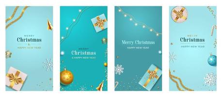 Christmas Template for social media stories. Story Xmas background with realistic gift boxes, blue and gold color balls. vector