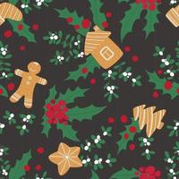 Christmas pattern with gingerbread, mistletoe and holly on a wooden board background vector