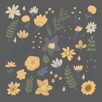 Floral bouquet of hand drawn fantasy folk flowers. Botanical illustration in flat cartoon style. Great as banner, print and card. Vector