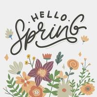 Hello Spring Flowers Text Background Frame lettering slogan vector