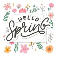 Hello Spring Flowers Text Background Frame lettering slogan vector