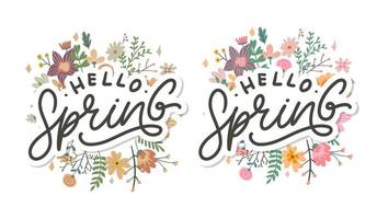 Hello Spring Flowers Text Background Frame lettering slogan vector