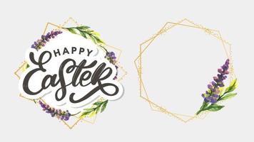 Happy Easter hand sketched logotype, badge typography icon. Lettering Happy Easter with flowers for greeting card, invitation template. Retro, vintage lettering banner poster template background vector