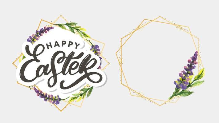 Happy Easter hand sketched logotype, badge typography icon. Lettering Happy Easter with flowers for greeting card, invitation template. Retro, vintage lettering banner poster template background