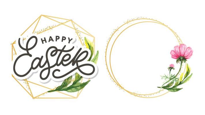 Happy Easter hand sketched logotype, badge typography icon. Lettering Happy Easter with flowers for greeting card, invitation template. Retro, vintage lettering banner poster template background