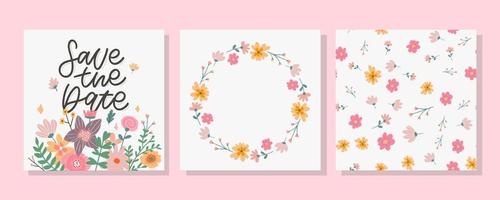 hermosa tarjeta de concepto de primavera. impresionantes flores y pájaros realizados en técnica de acuarela. tarjeta romántica brillante con flores de verano en vector. encantador guardar la fecha de fondo vector