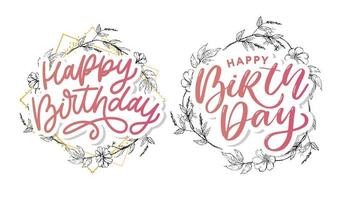 Beautiful happy birthday greeting card with flowers and bird. Vector party invitation with floral elements.