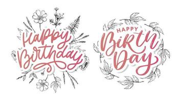 Beautiful happy birthday greeting card with flowers and bird. Vector party invitation with floral elements.