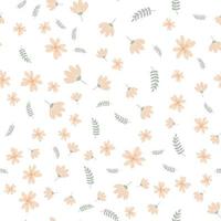 Vector floral pattern in doodle style with flowers and leaves. Gentle, spring floral background.