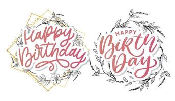 Beautiful happy birthday greeting card with flowers and bird. Vector party invitation with floral elements.