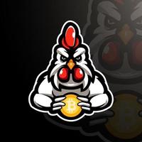 Chicken rooster holding bitcoin mascot logo design illustration vector