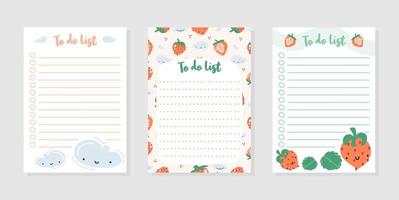 conjunto de lista de tareas con lindas fresas, hojas y nubes. plantillas para organizador, planificador, agenda, planificador, cuadernos. vector