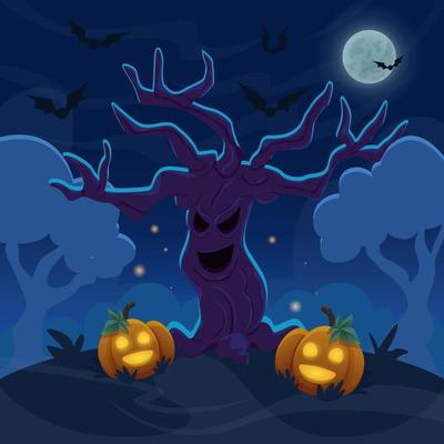 Spooky evil old tree on the hill at nigt forest. Halloween cartoon illustration for post, marketing and print
