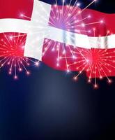 Flag of Denmark on the background of the holiday, victory, fireworks. Vector Illustration