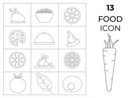 conjunto de 13 iconos de alimentos en blanco y negro: tomate, zanahoria, pollo, pizza, ensalada. ilustración vectorial vector