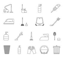 un conjunto de equipos de limpieza: cubos, cepillos, geles, guantes. icono blanco y negro. ilustración vectorial vector